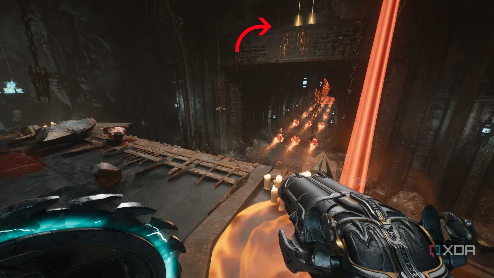 Arrow pointing to a scramble wall in chapter 19 of Doom: The Dark Ages.