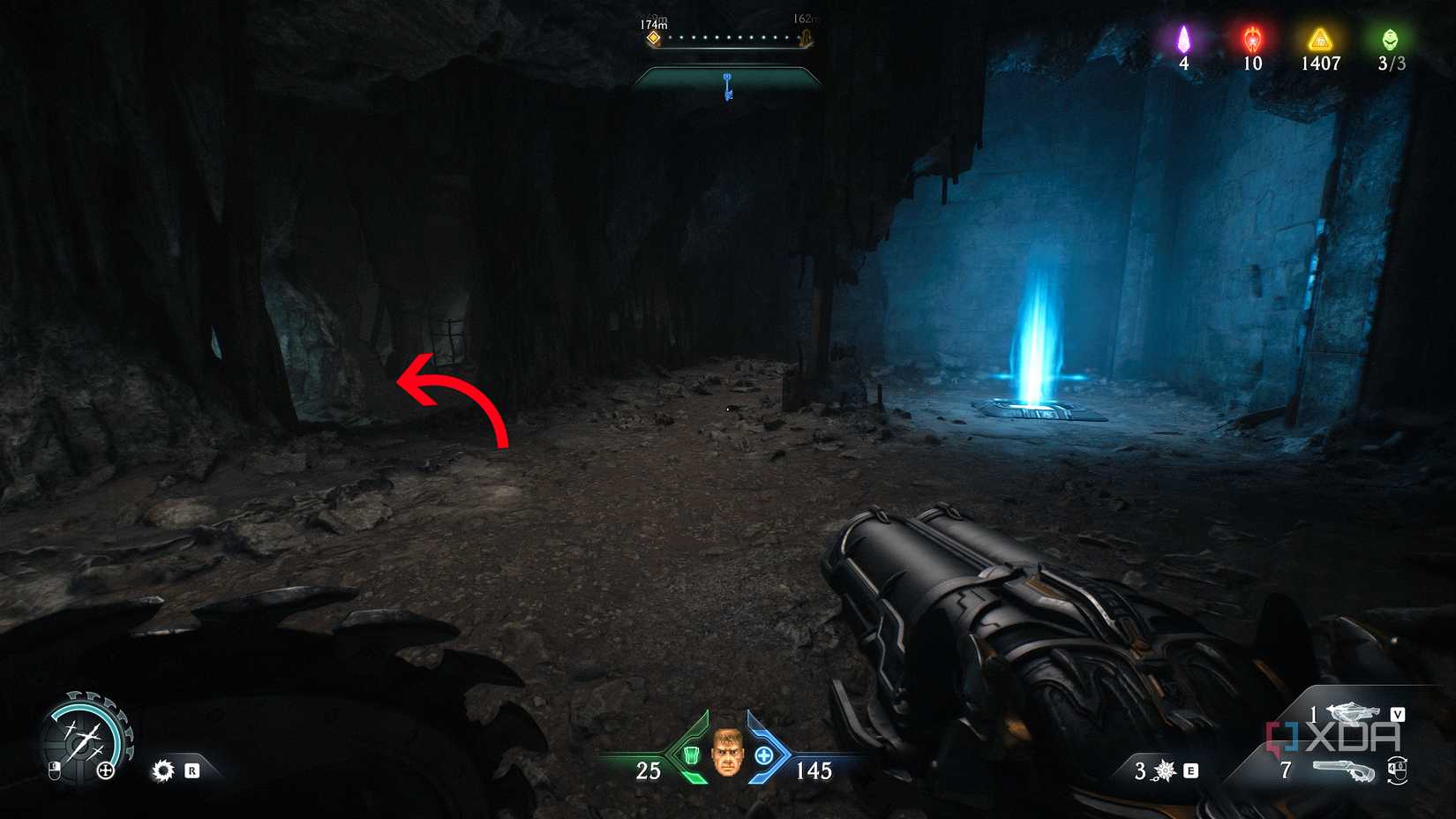 An arrow beside a jump pad in chapter 20 of Doom: The Dark Ages.