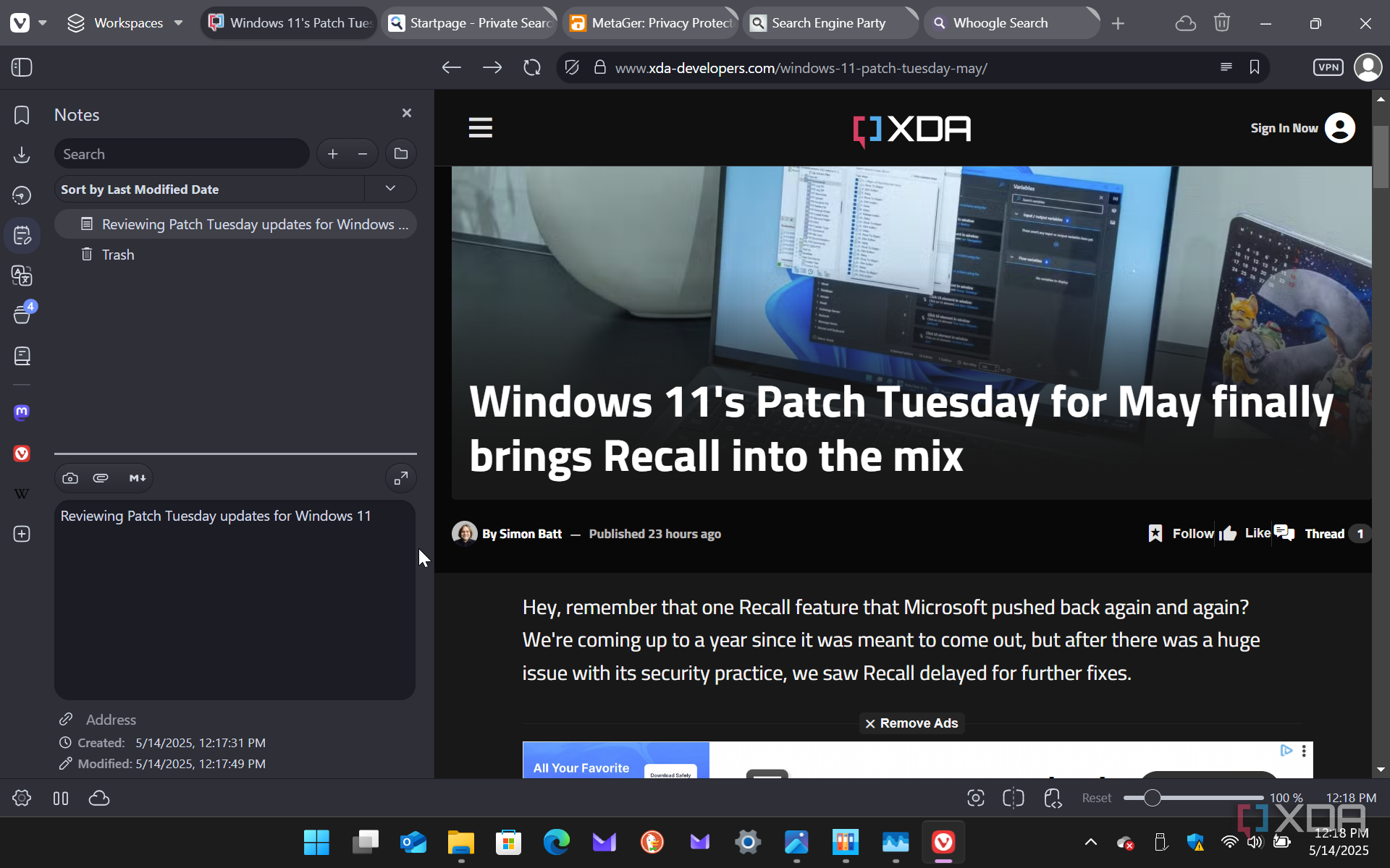SHows running Vivaldi on Windows with notes feature