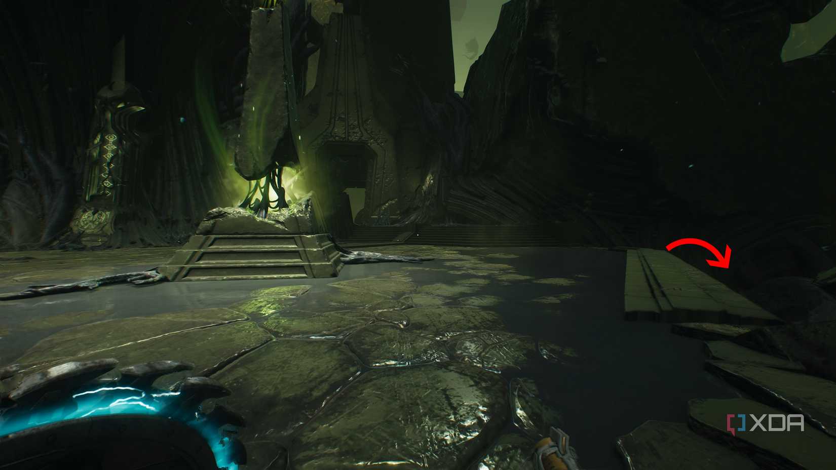 An arrow pointing down from a platform in chapter 15 of Doom: The Dark Ages.