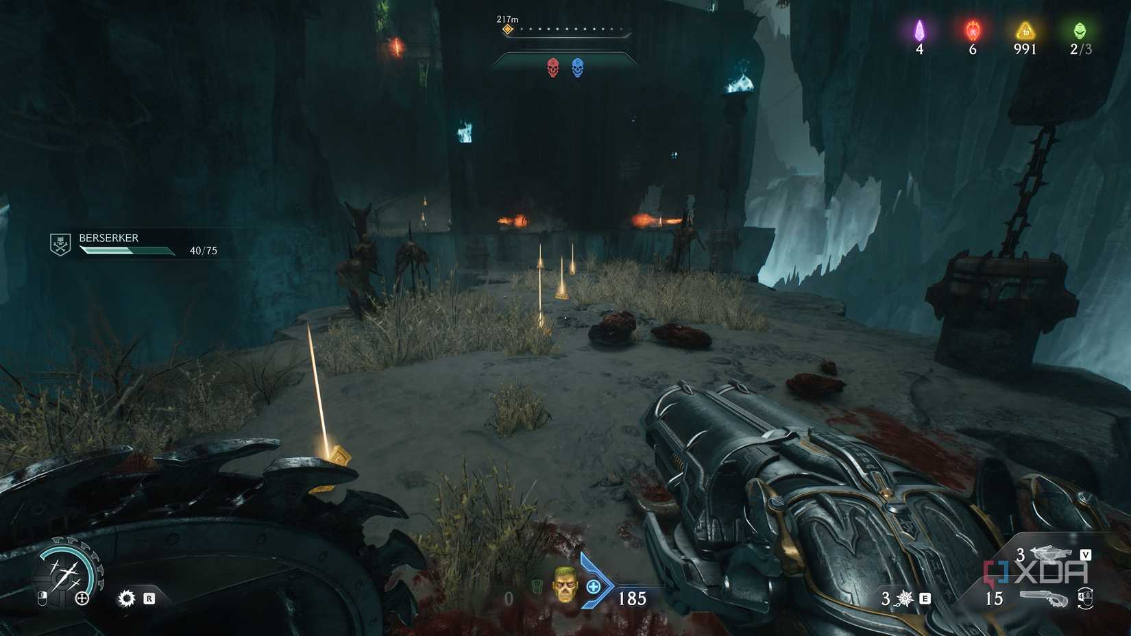 A trail of gold bars on a grassy platform in chapter 19 of Doom: The Dark Ages.