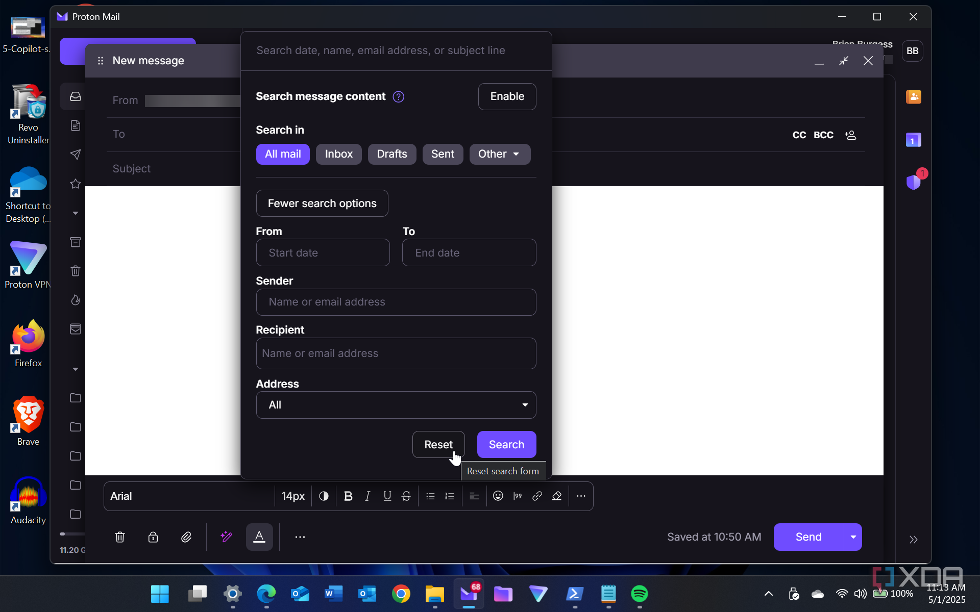 Shows Proton Mail Search feature
