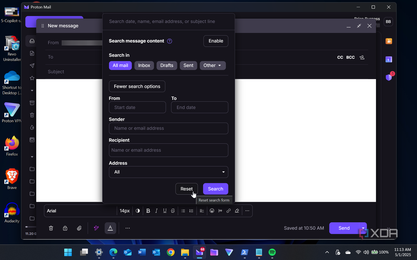 Shows Proton Mail Search feature