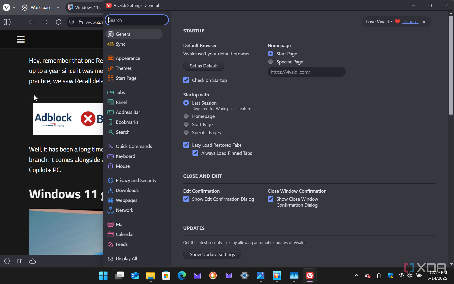 Shows Vivaldi preferences for the browser