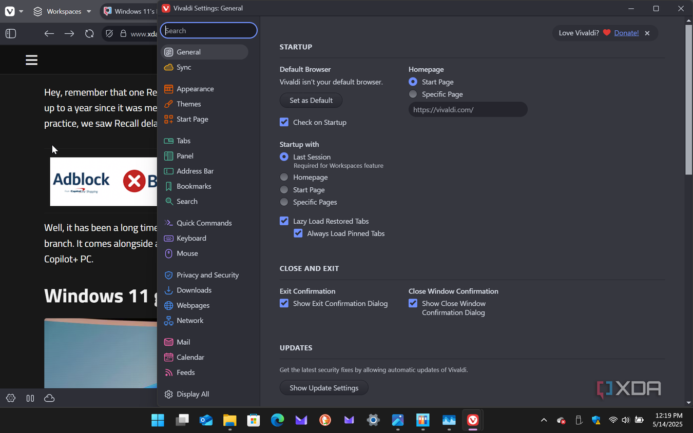 Shows Vivaldi preferences for the browser