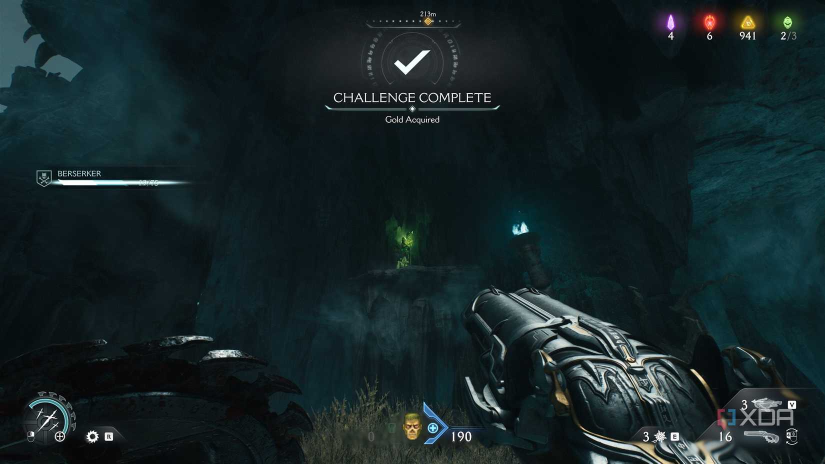 A green flesh node overhead in chapter 19 of Doom: The Dark Ages.