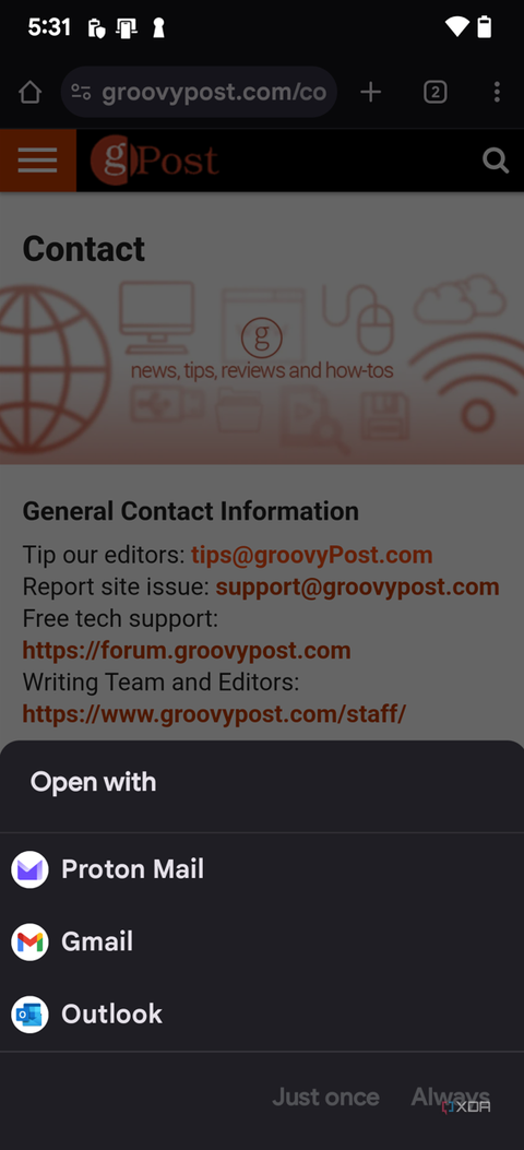 Shows selecting Proton Mail as default app on Android