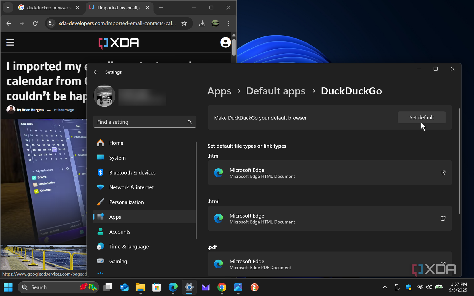 Shows setting default browser in settings on windows 11