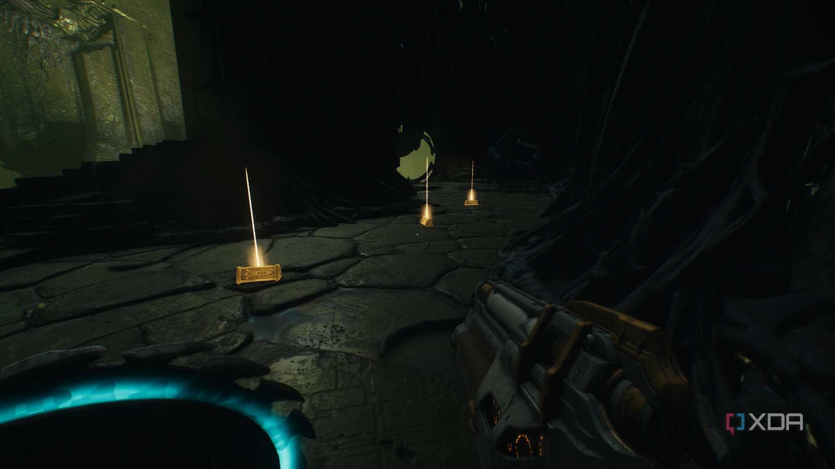 A trail of gold heading into a tunnel in chapter 15 of Doom: The Dark Ages.