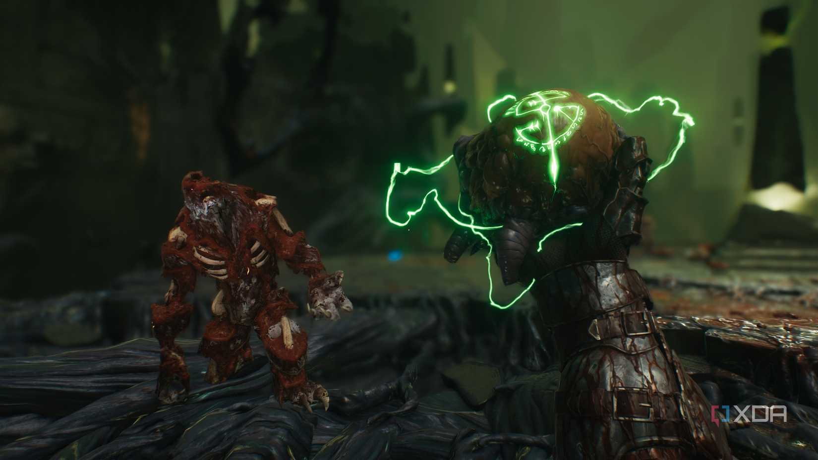 The Slayer holding a max armor Demonic Essence in chapter 15 of Doom: The Dark Ages.