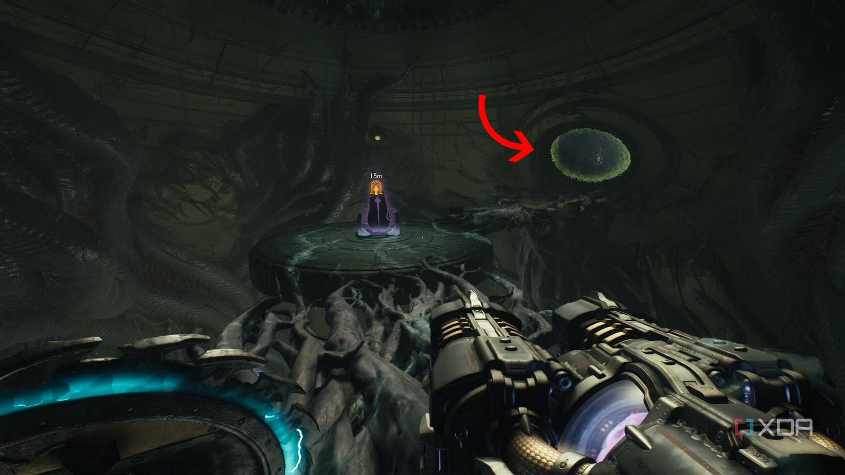 An arrow pointing to a portal behind a point of no return in chapter 15 of Doom: The Dark Ages.