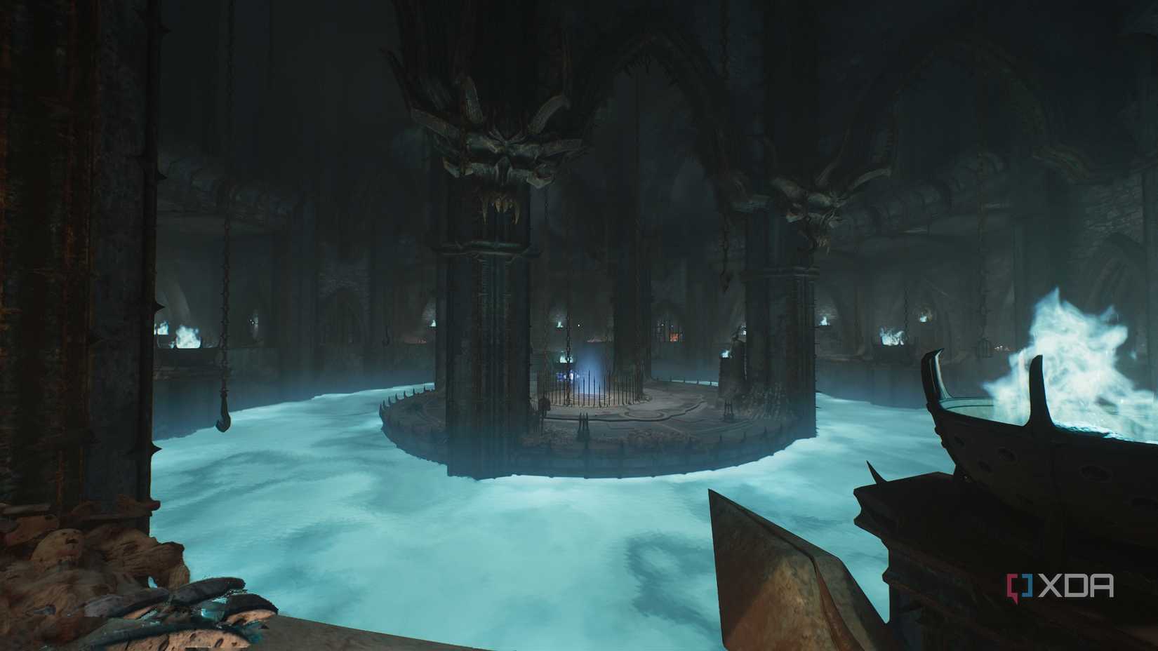 Central lift locked behind a blue-skull key in chapter 19 of Doom: The Dark Ages.