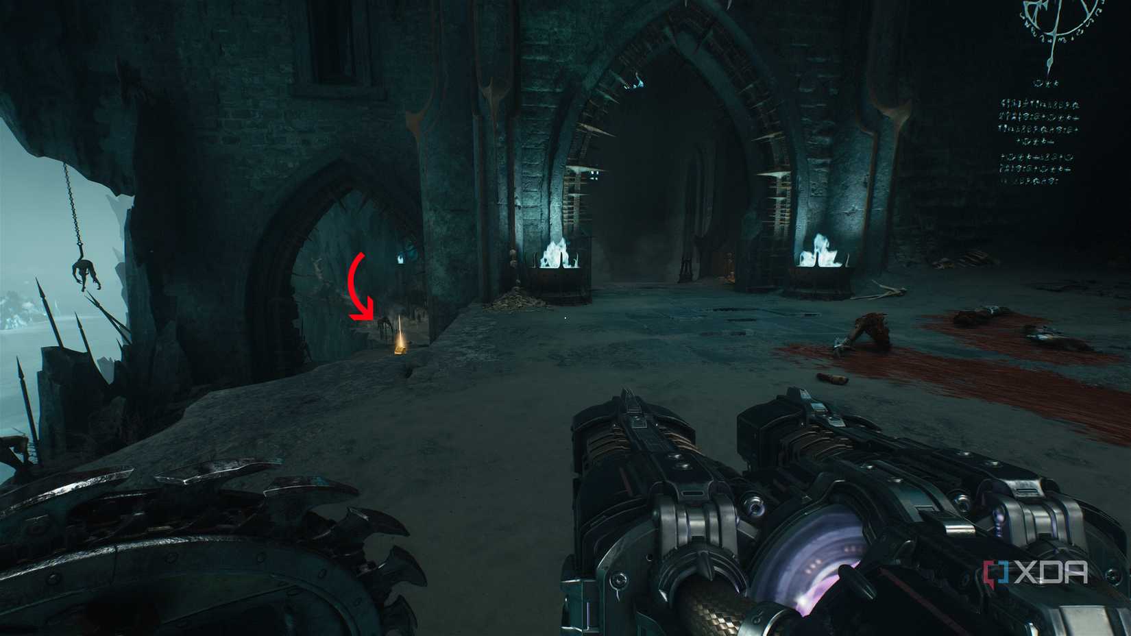 An arrow pointing to a gold stack down to the left in chapter 19 of Doom: The Dark Ages.