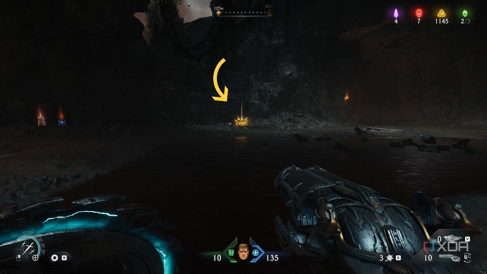 An arrow pointing to a gold chest in chapter 20 of Doom: The Dark Ages.
