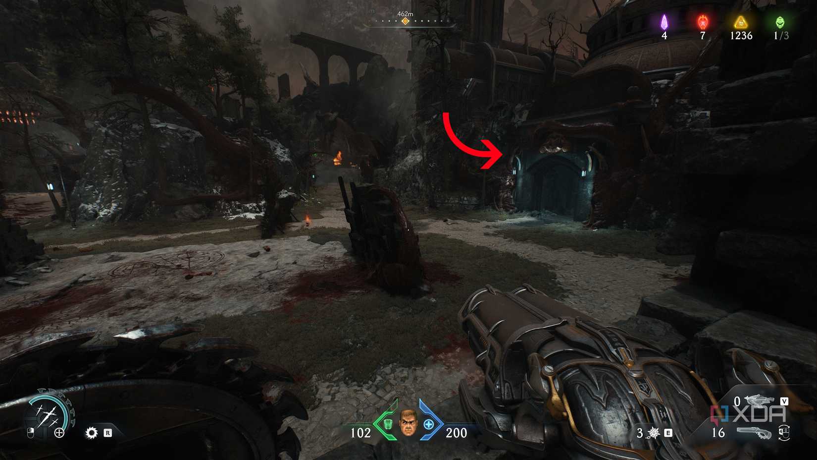 An arrow pointing to a secret area in chapter 20 of Doom: The Dark Ages.