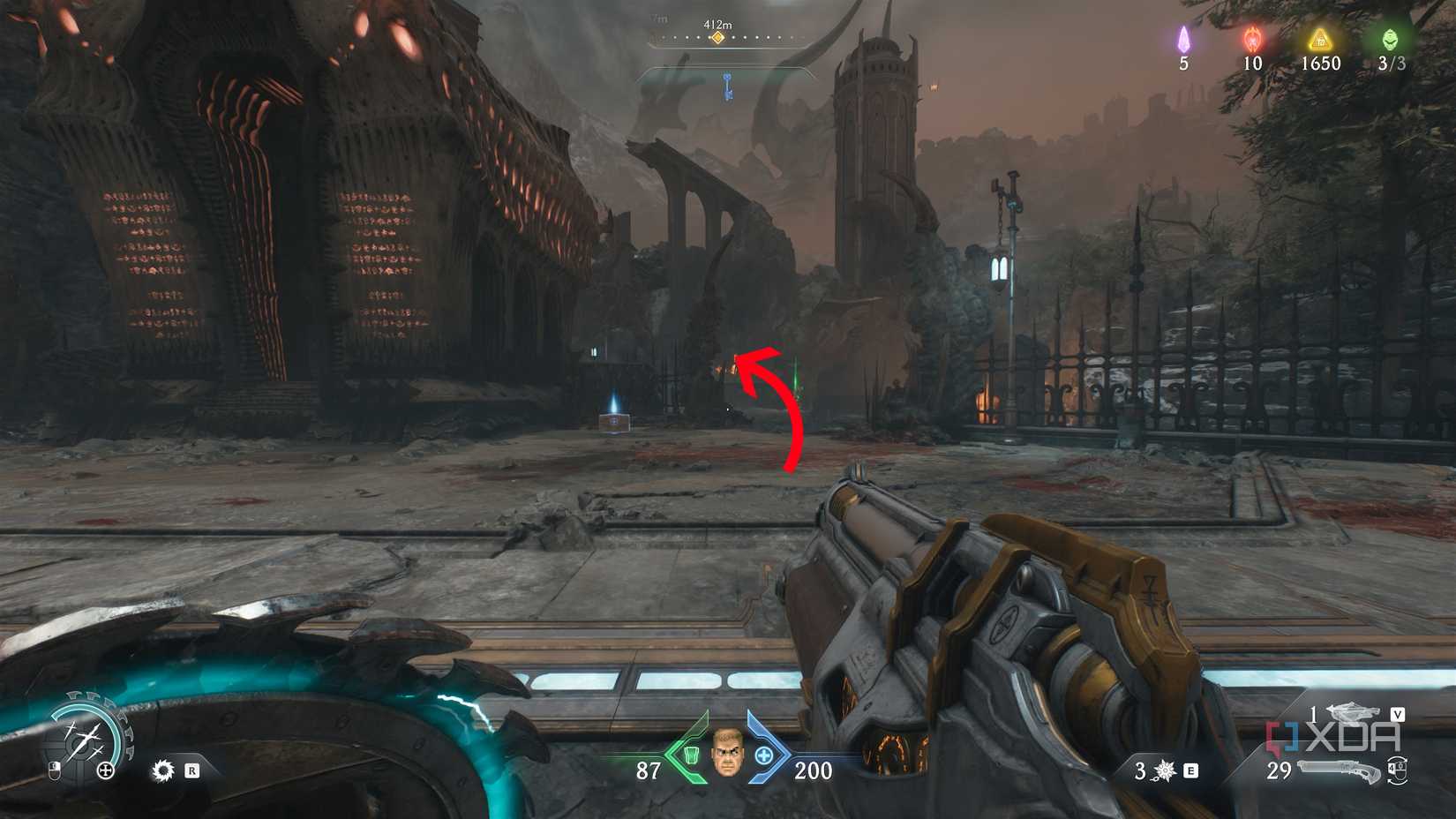 Arrow pointing to the left side of the second siege tower in chapter 20 of Doom: The Dark Ages.