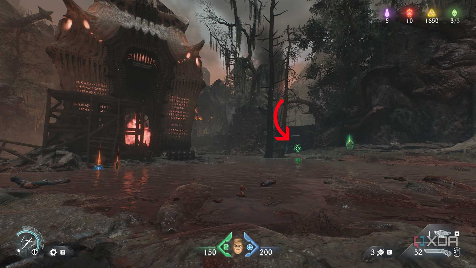 Arrow pointing to a shield charge wall next to a siege tower in chapter 20 of Doom: The Dark Ages.