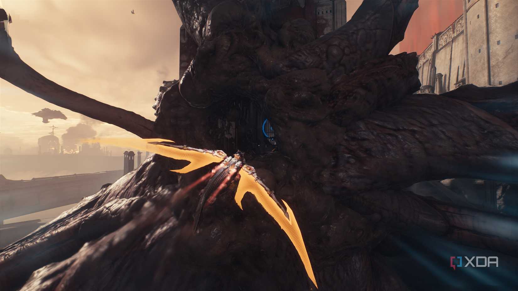 Serrat the dragon flying through a huge demon's corpse.