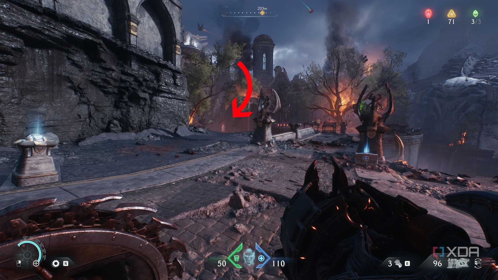 An arrow pointing to the left side of a bridge in Doom: The Dark Ages.