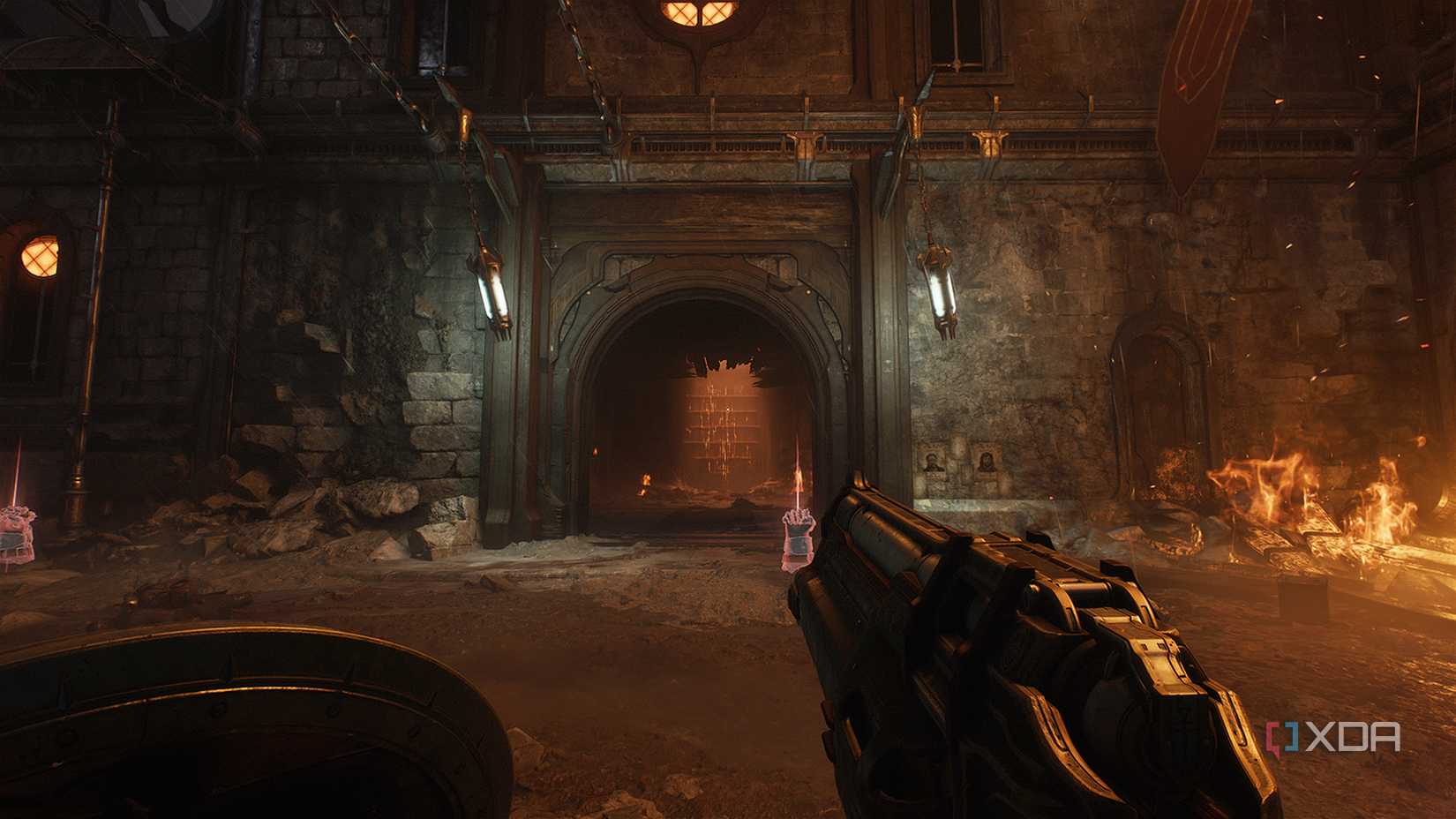 A building on fire in Doom: The Dark Ages.