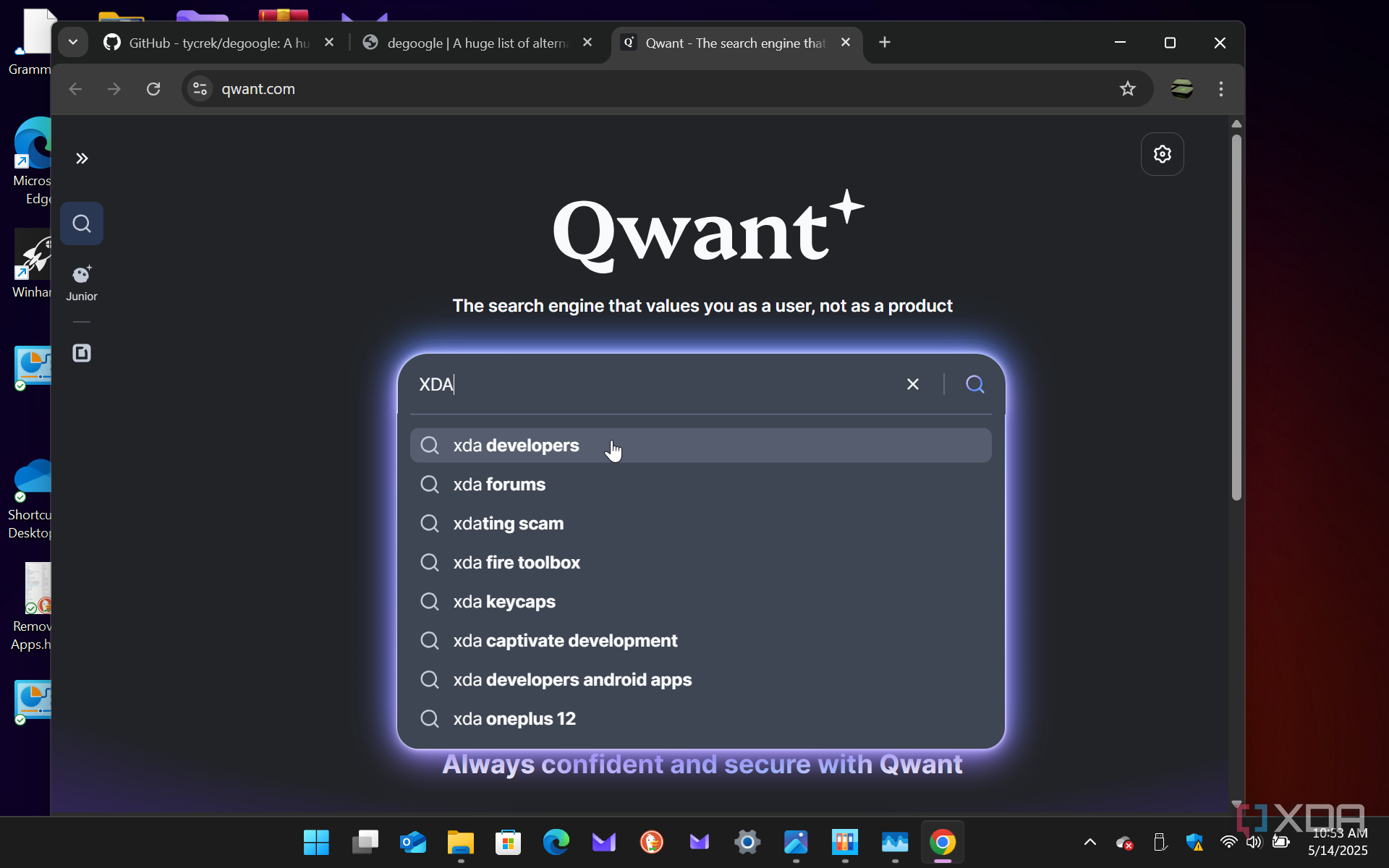 Shows Qwant privacy search engine