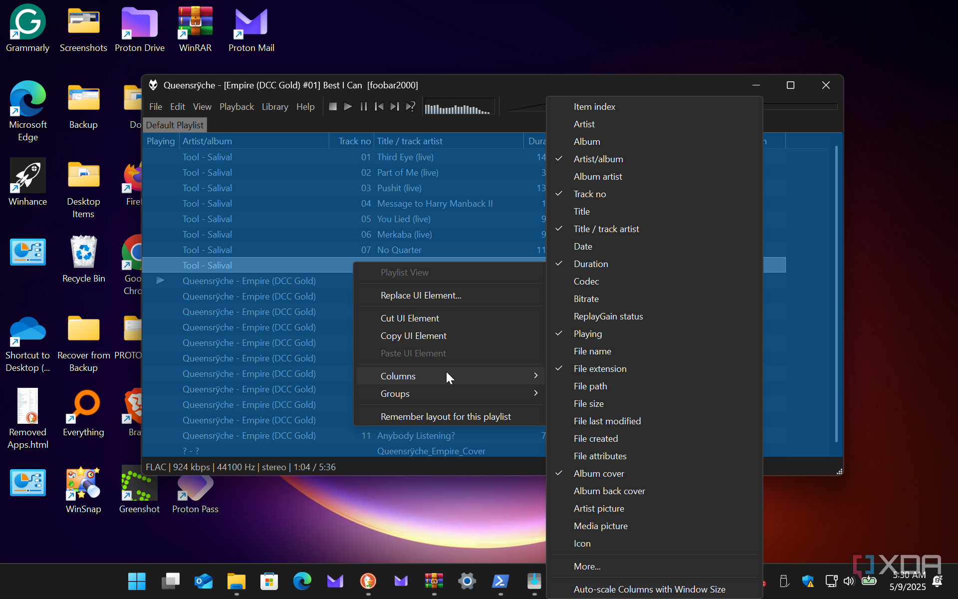 Shows foobar2000 add columns option