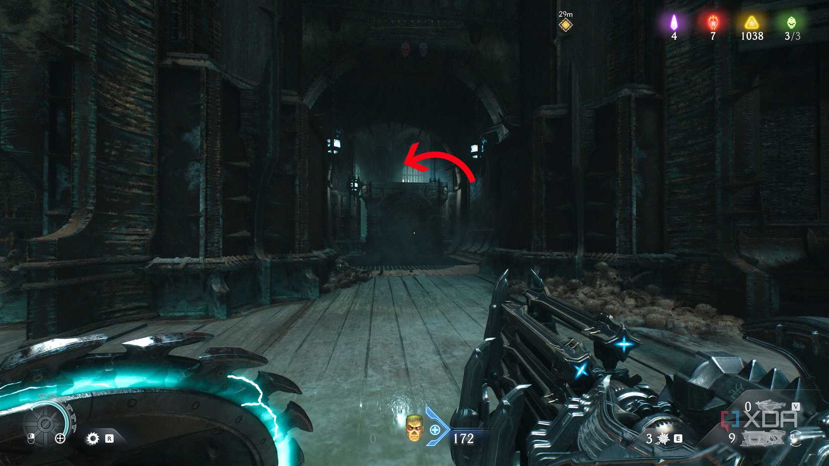 An arrow pointing past a big box in chapter 19 of Doom: The Dark Ages.