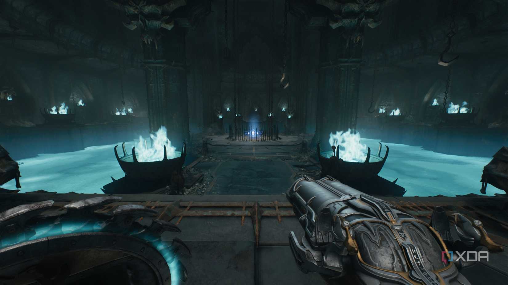 A central lift locked behind a blue skull key in chapter 19 of Doom: The Dark Ages.
