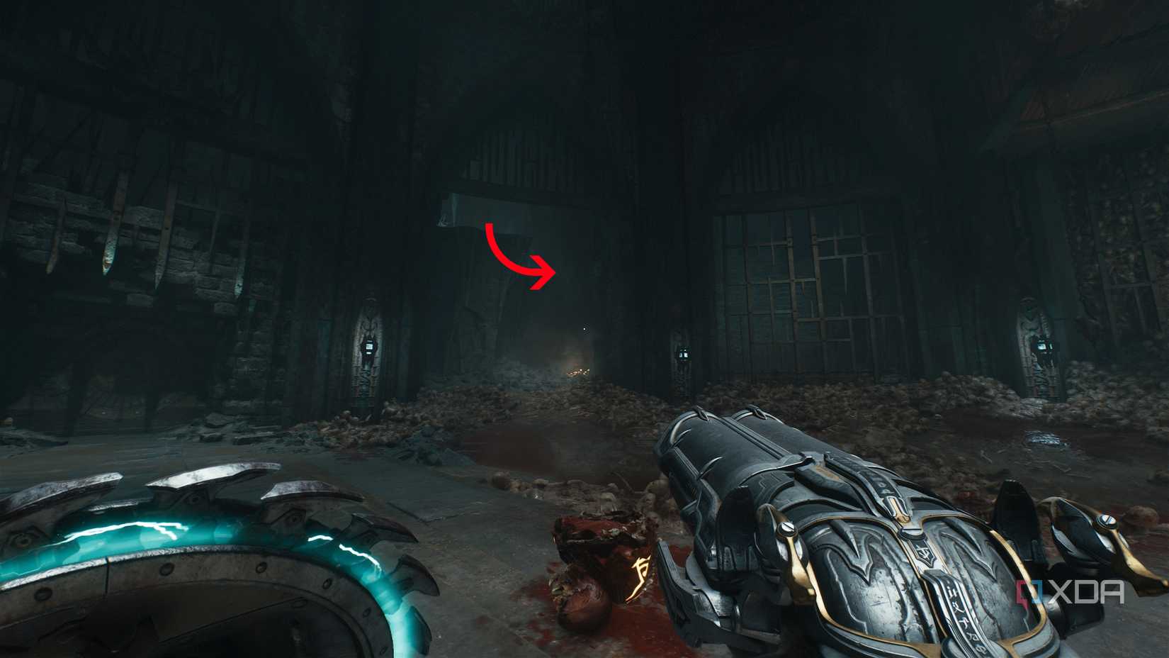 Arrow pointing to a room with a roof spike trap in chapter 19 of Doom: The Dark Ages.
