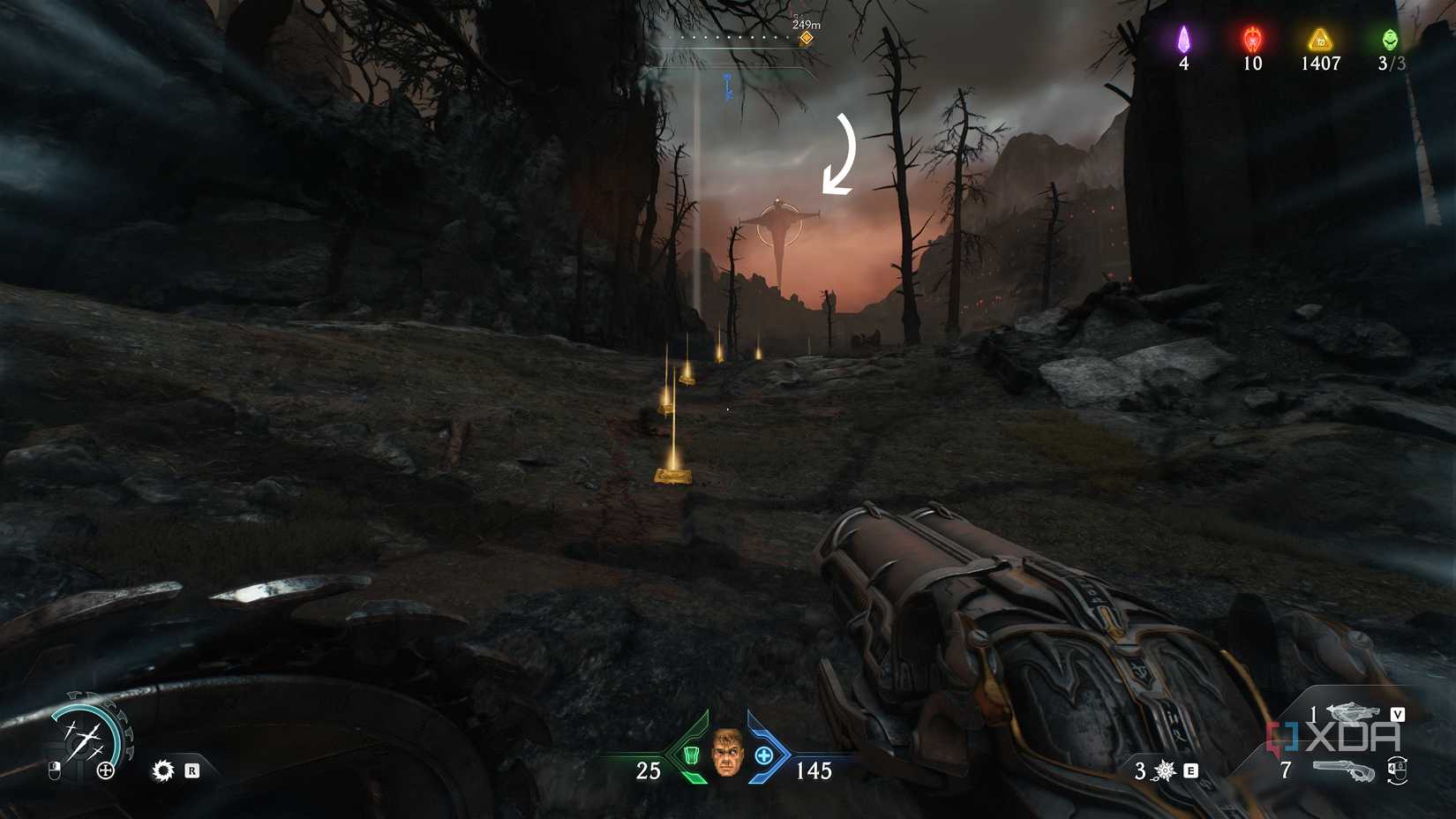 A trail of gold bars and a Maykr ship in the sky in chapter 20 of Doom: The Dark Ages.