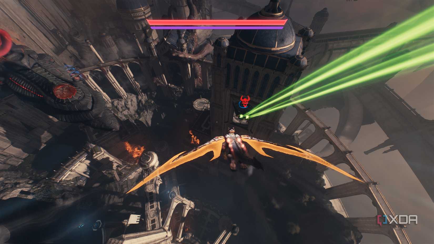 Serrat the dragon chasing a hell fighter ship in Doom: The Dark Ages.