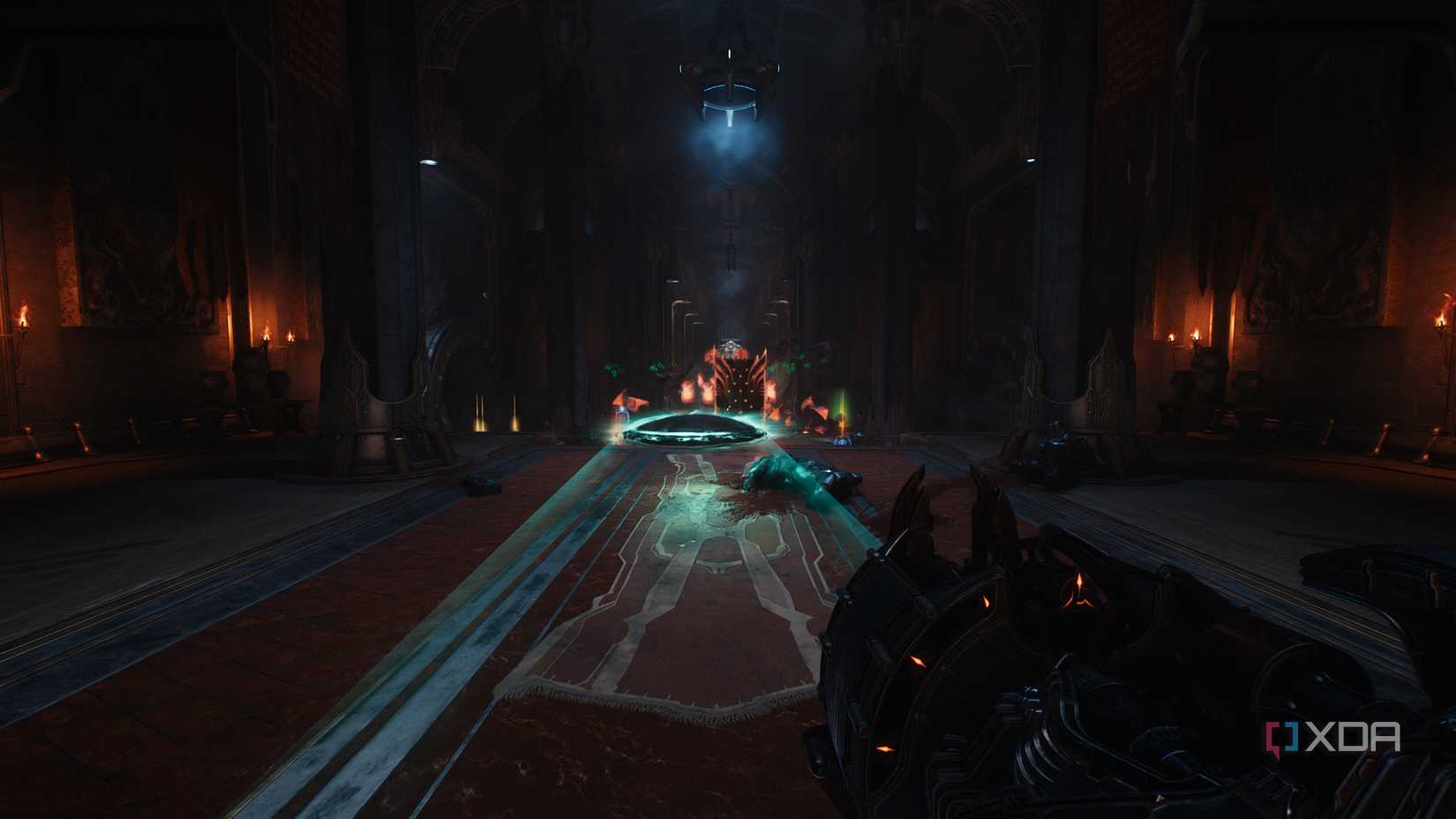 The slayer throwing his shield at enemies in Doom: The Dark Ages.
