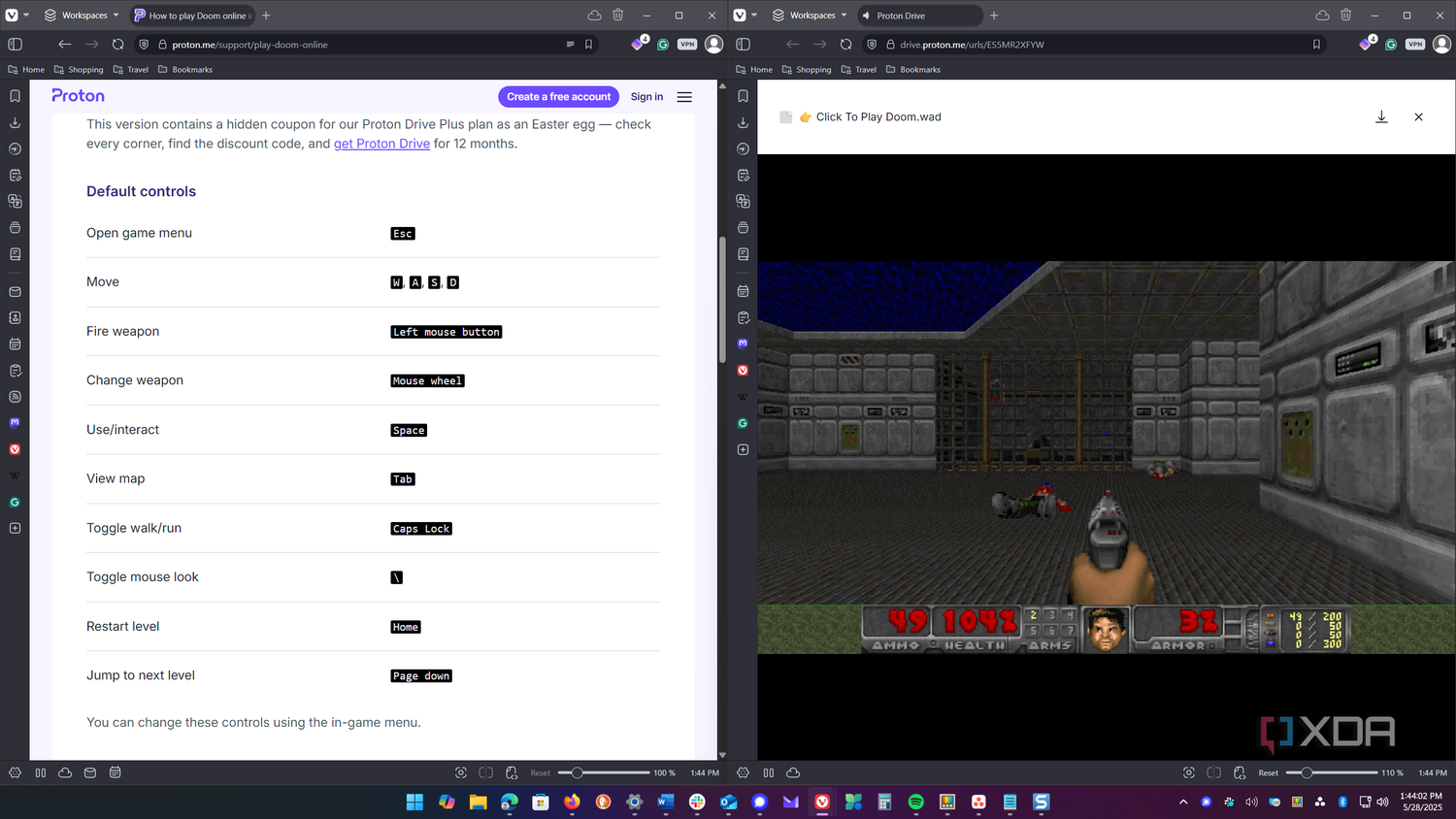 Shows playing doom and controls in Vivaldi