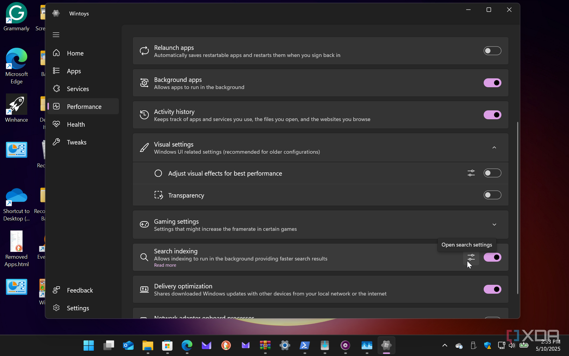 Shows Performance section to tweak Windows in wintoys