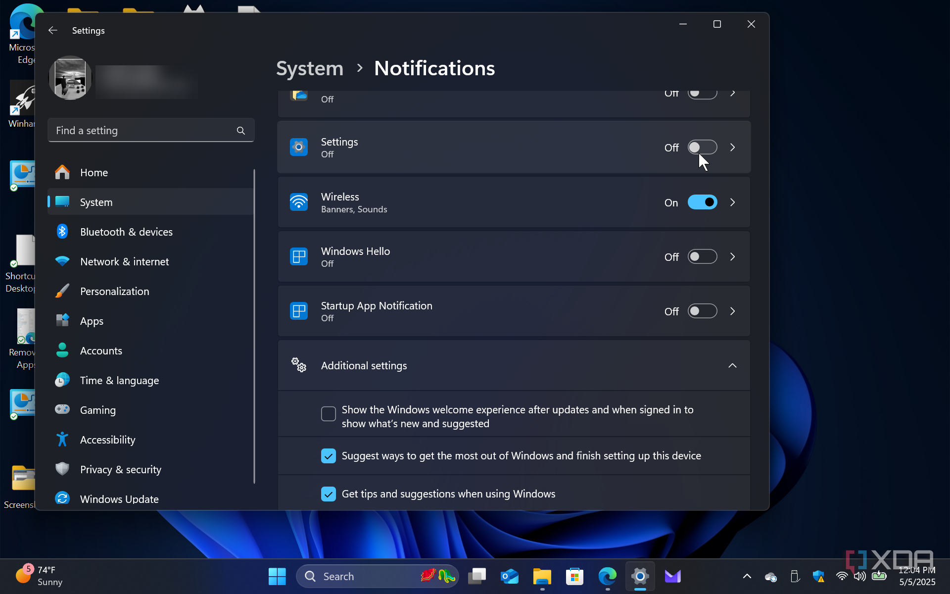 Shows system notifications in the Settings app