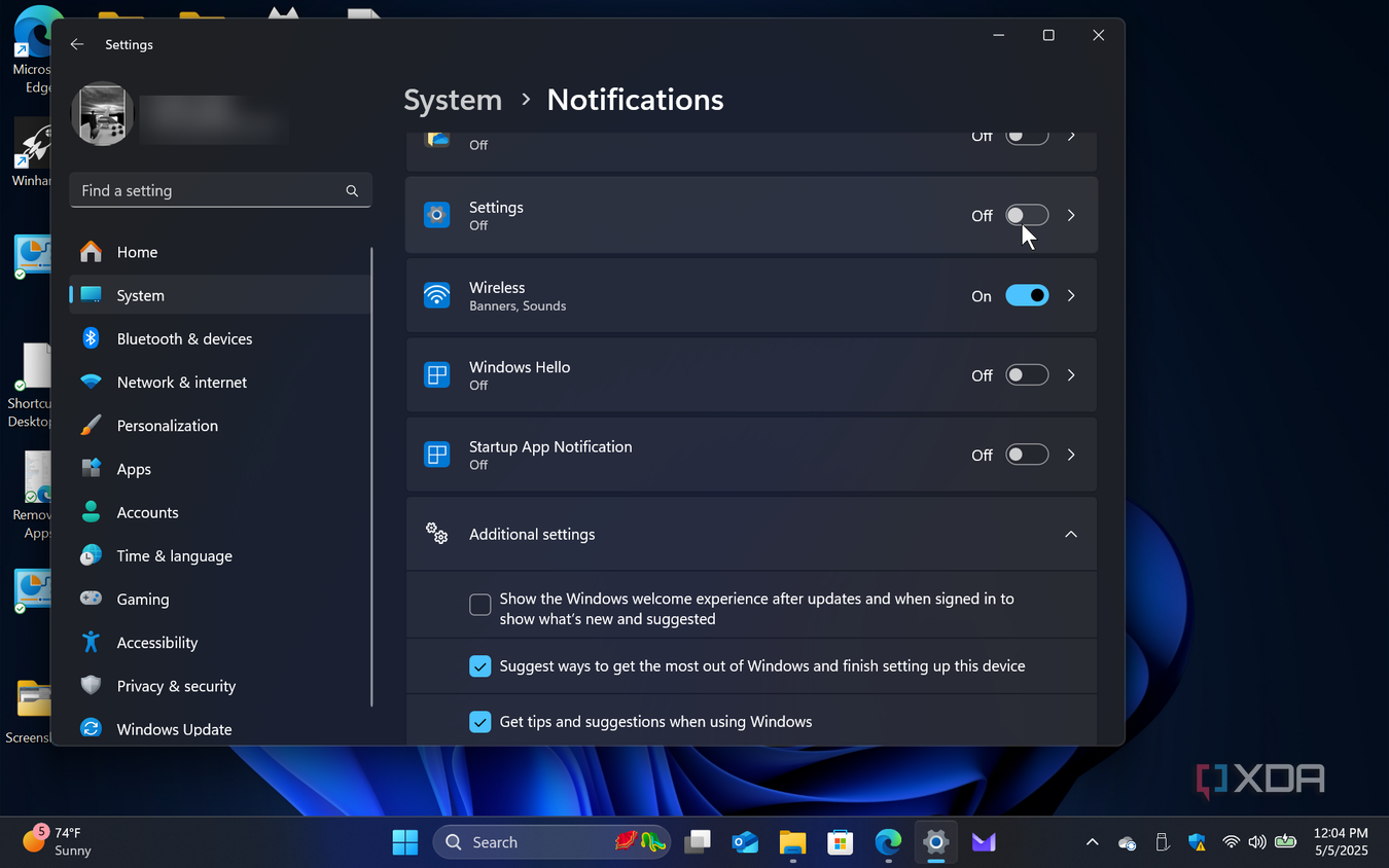 Shows system notifications in the Settings app