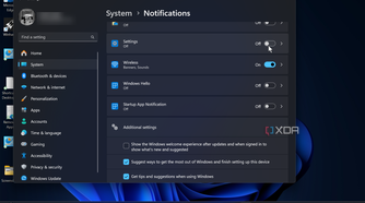 Shows system notifications in the Settings app