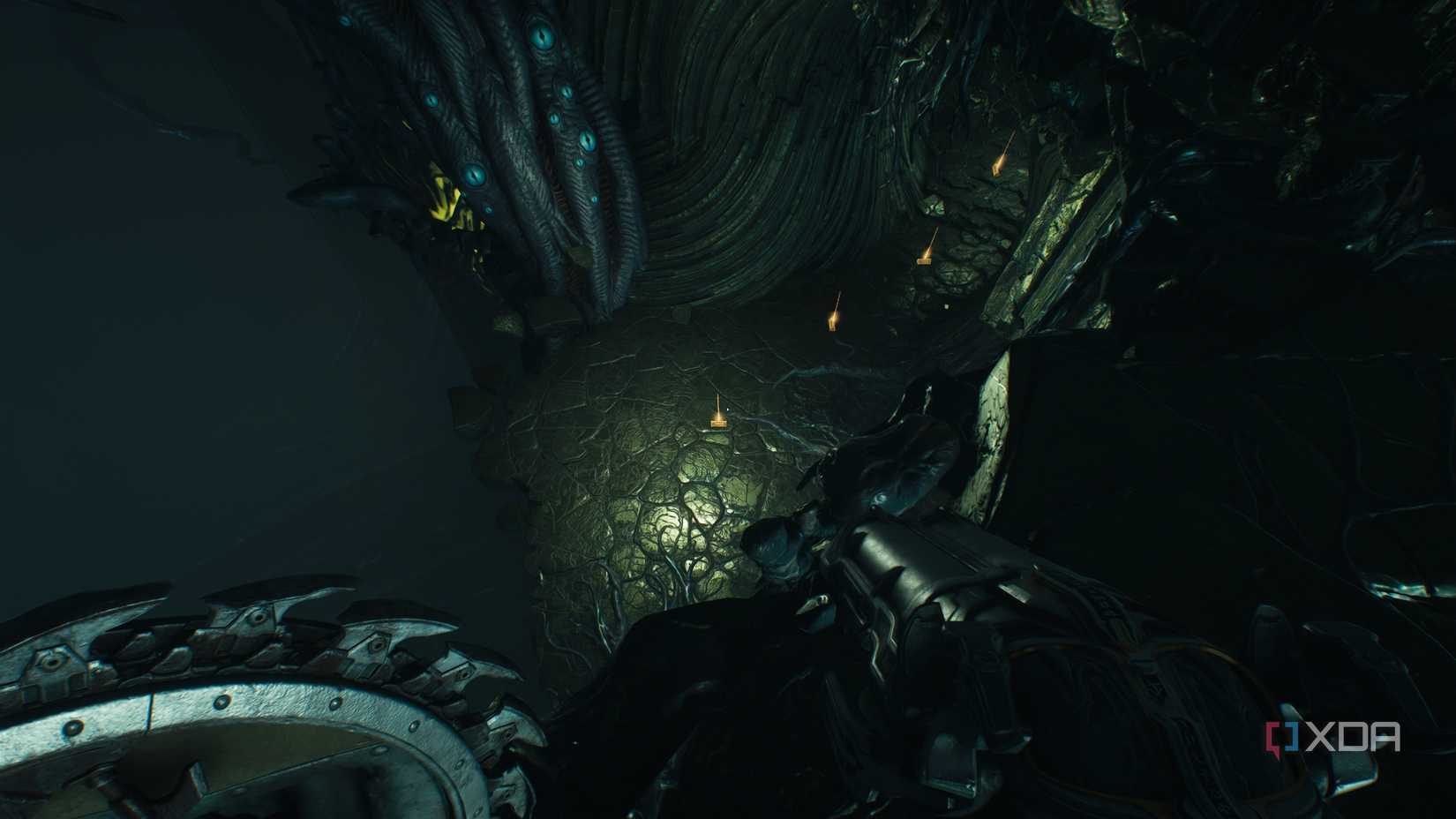A trail of gold leading to secret area 5 in chapter 15 of Doom: The Dark Ages.