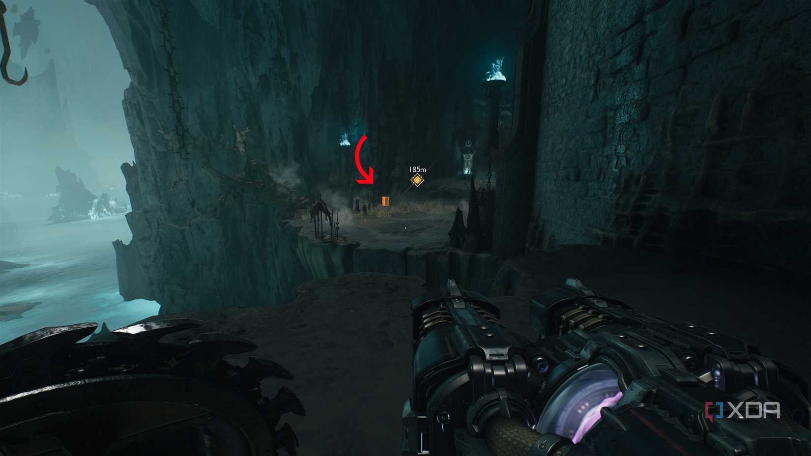 An arrow pointing to a distant Codex Page in chapter 19 of Doom: The Dark Ages.