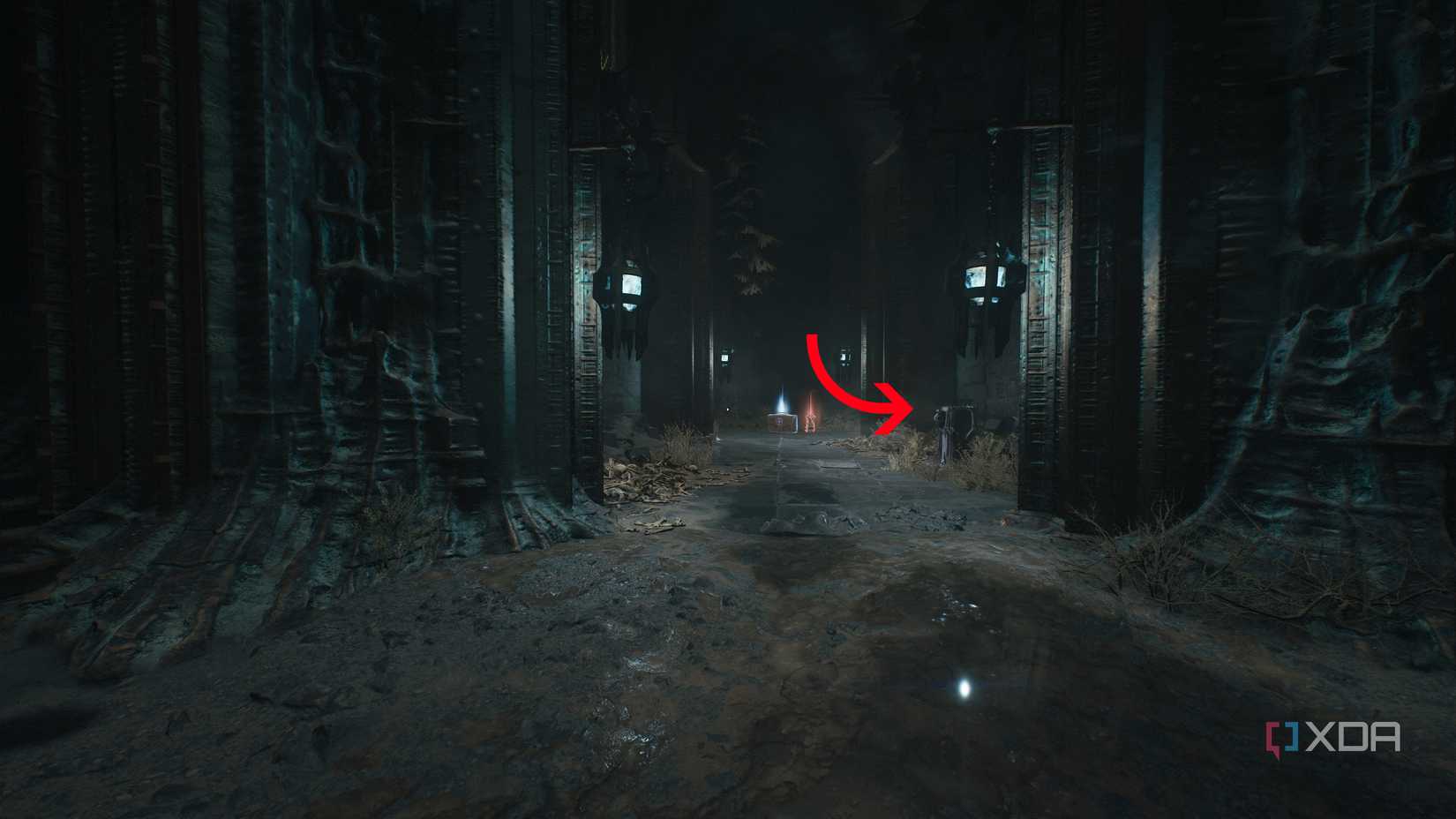 An arrow pointing to an interactable lever in chapter 19 of Doom: The Dark Ages.