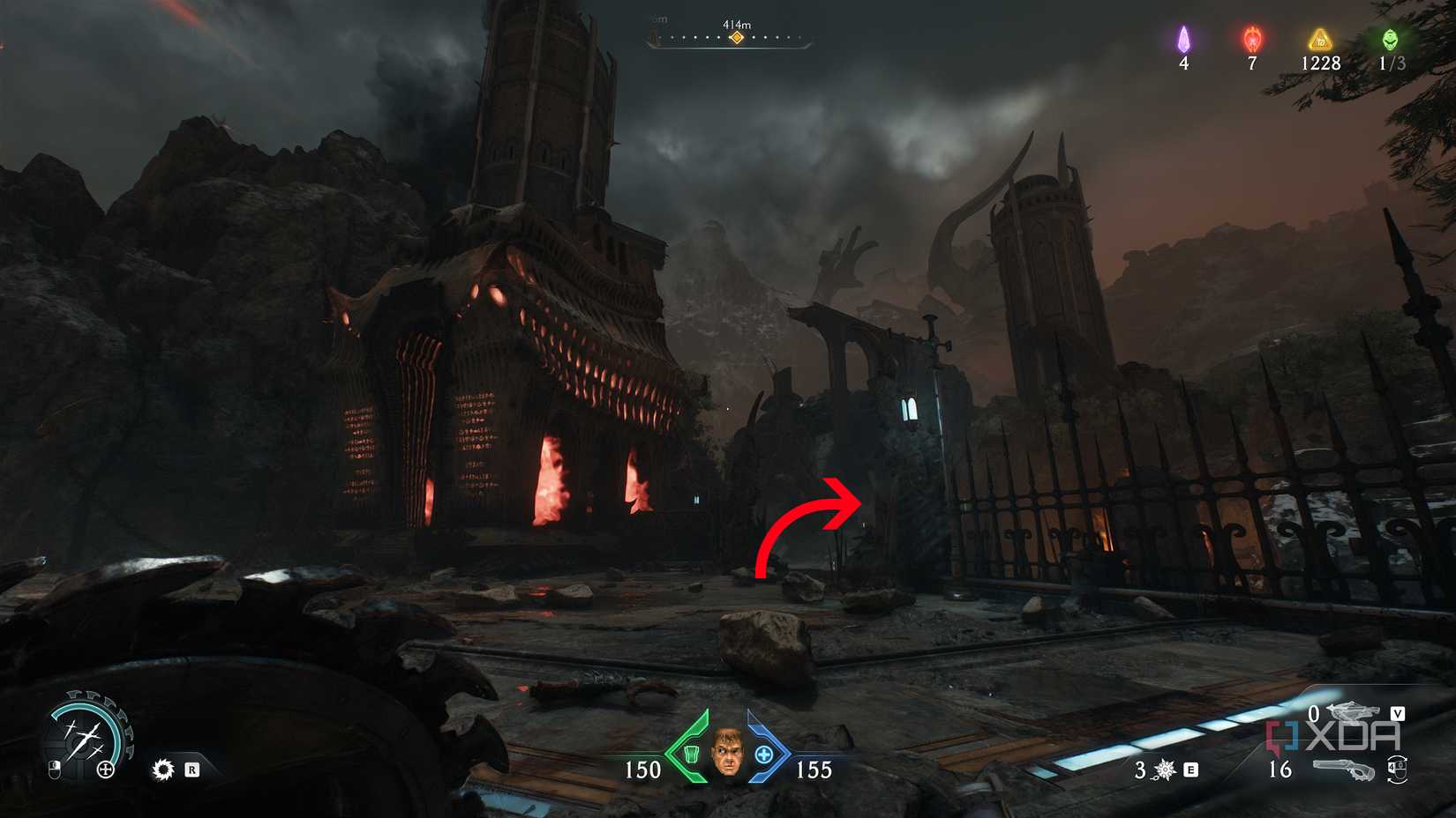 An arrow pointing to the right of a Siege Tower in chapter 20 of Doom: The Dark Ages.