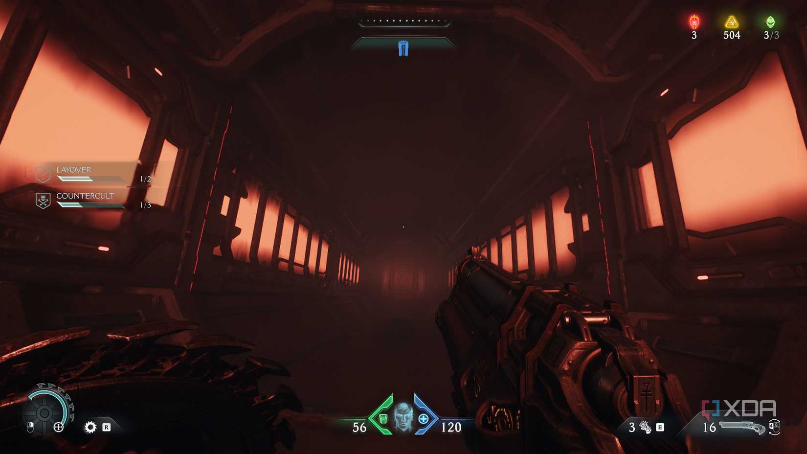 A red-lit elevator shaft in Doom: The Dark Ages.