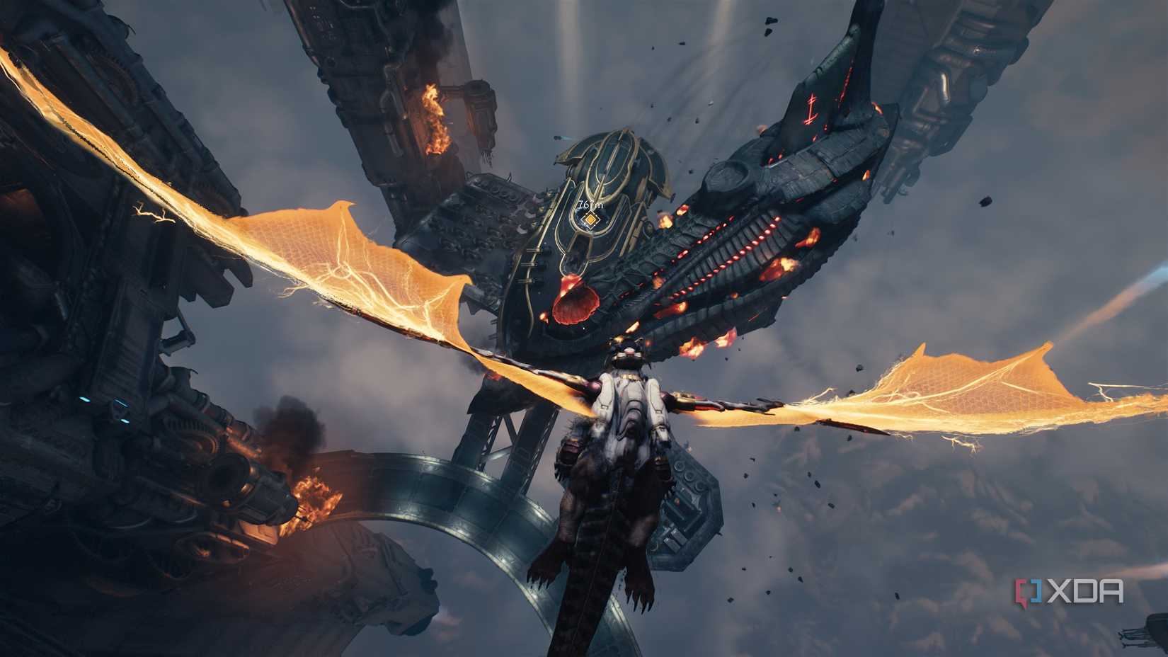 Serrat the dragon crashing a Hell Carrier ship in Doom: The Dark Ages.