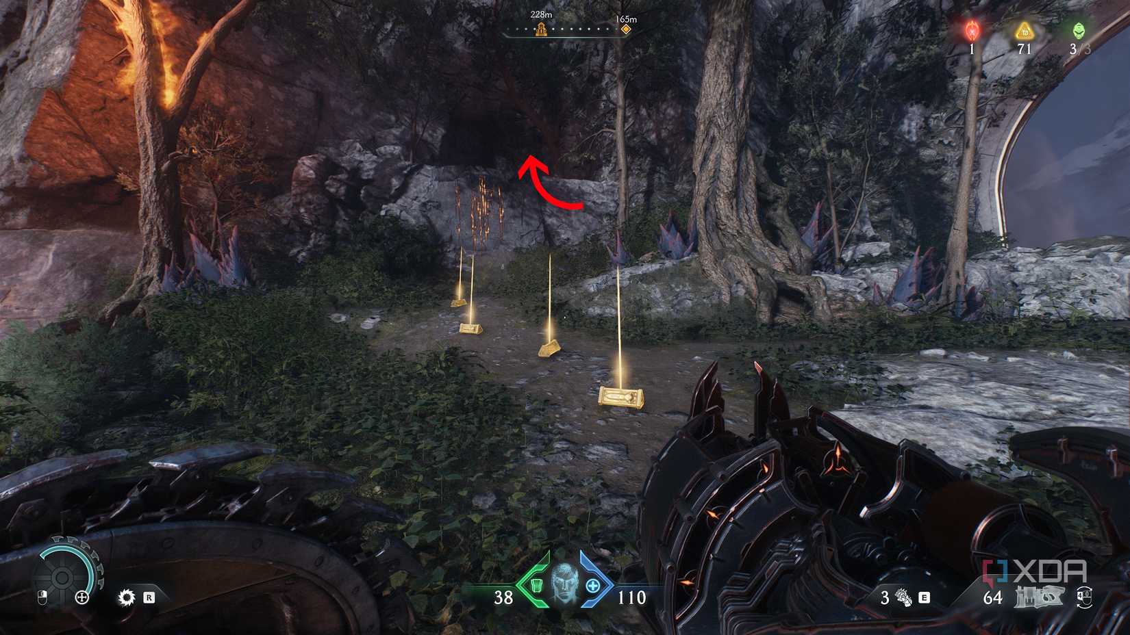 Gold bars lined up on the ground with a scramble wall at the end in Doom: The Dark Ages.