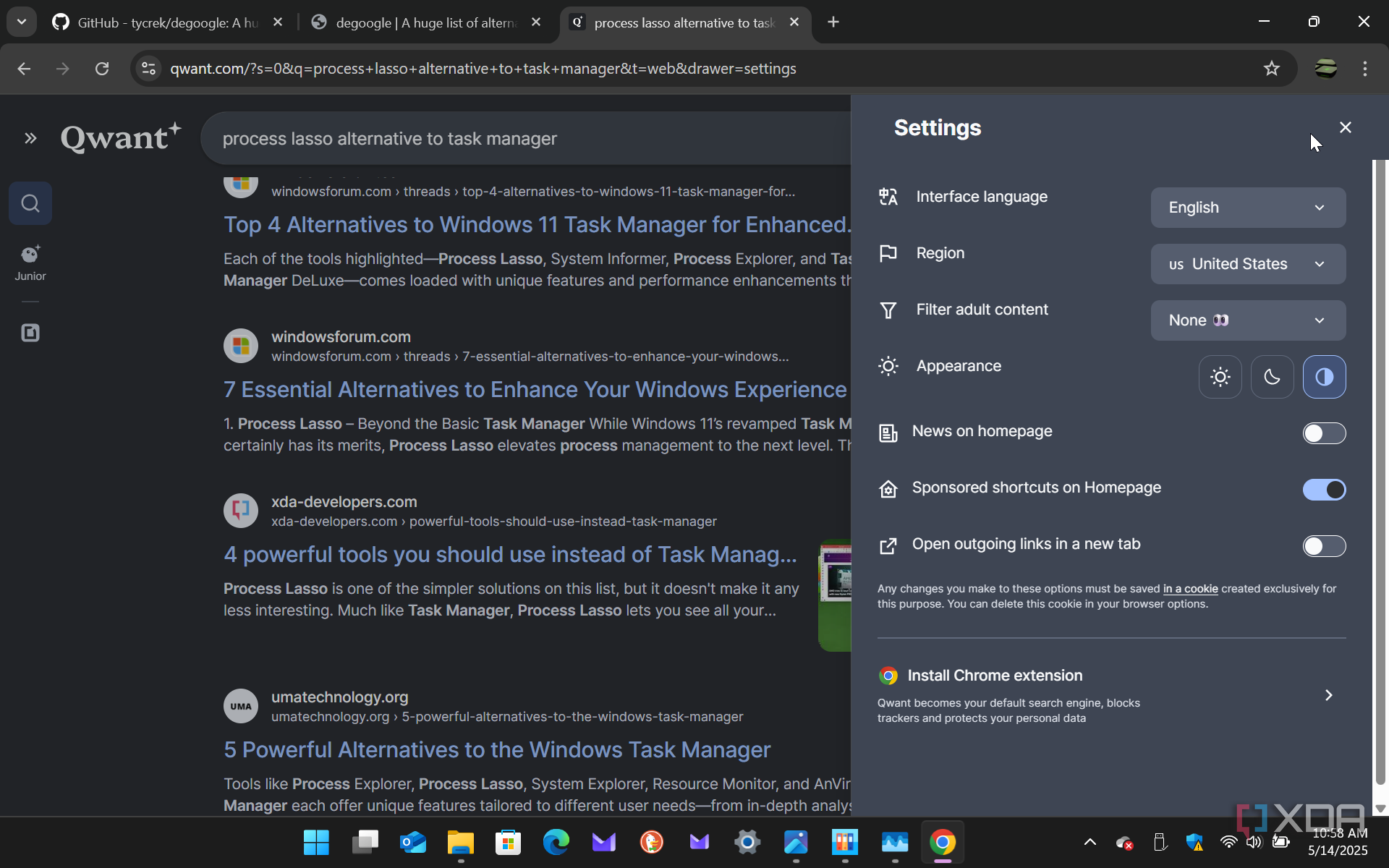 Shows Qwant search engine settings