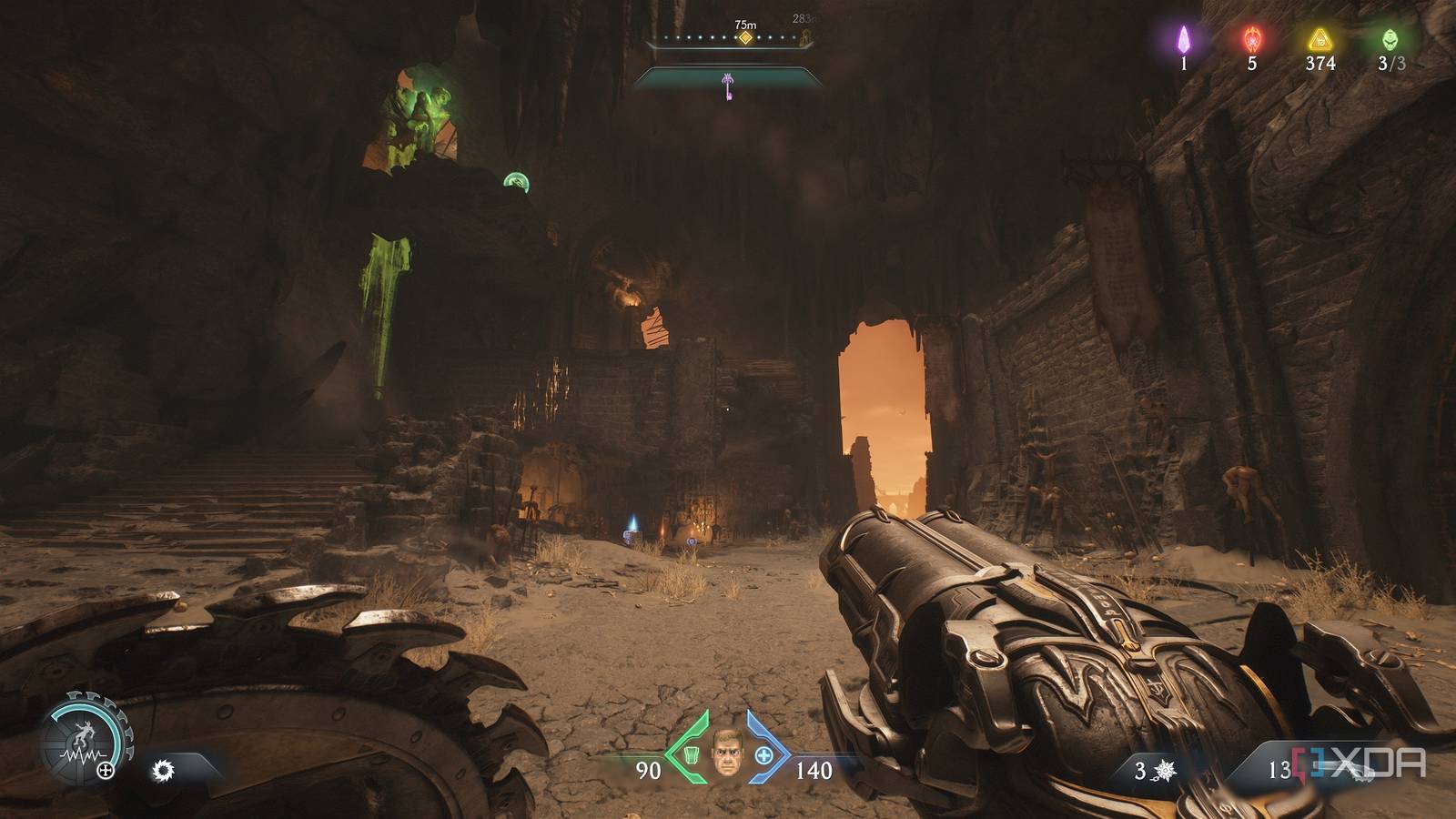 A green flesh node overhead in Doom: The Dark Ages.