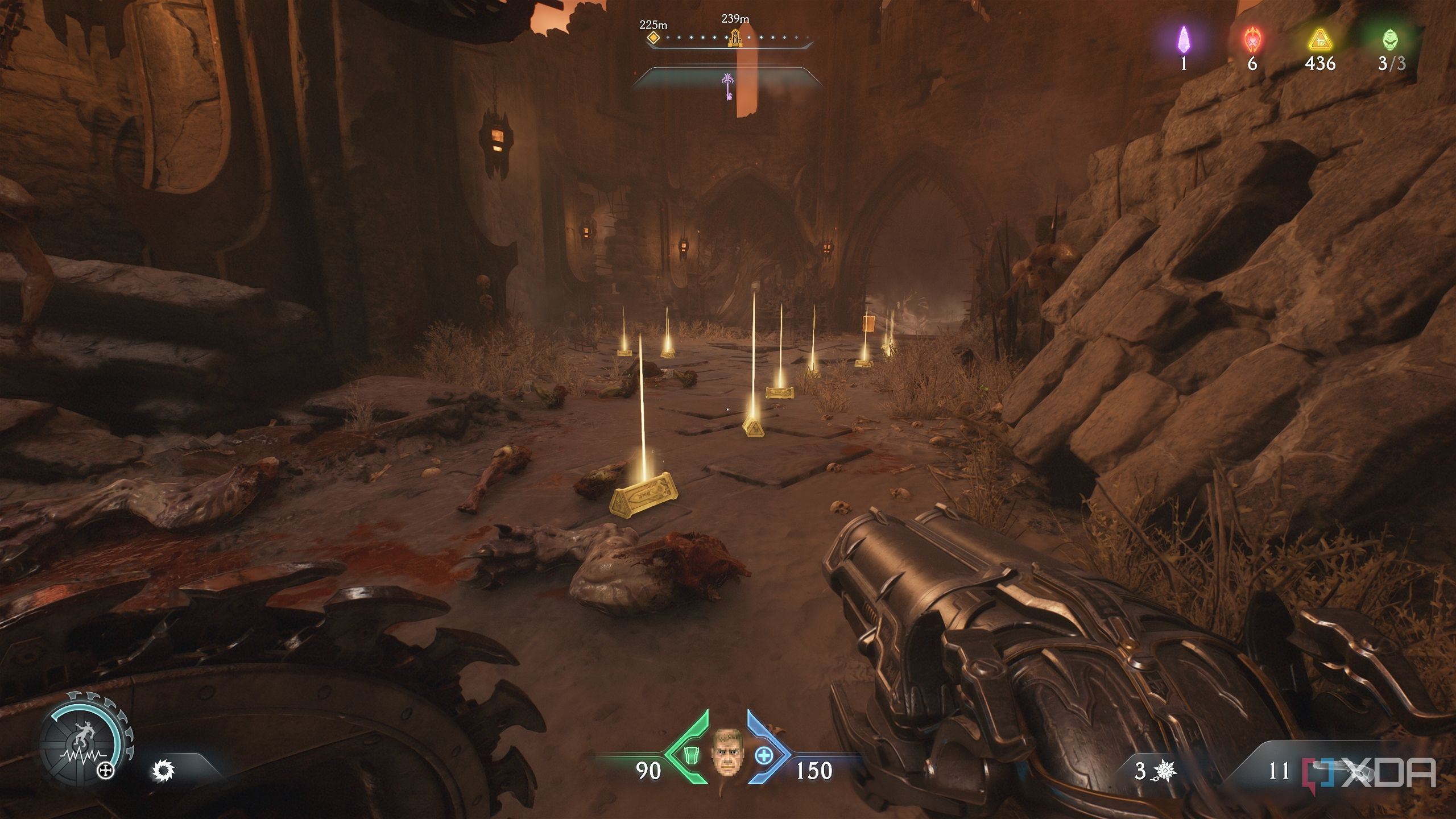 A trail of gold bars on the ground in Doom: The Dark Ages.