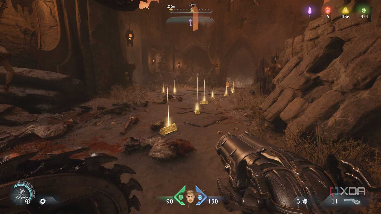 A trail of gold bars on the ground in Doom: The Dark Ages.