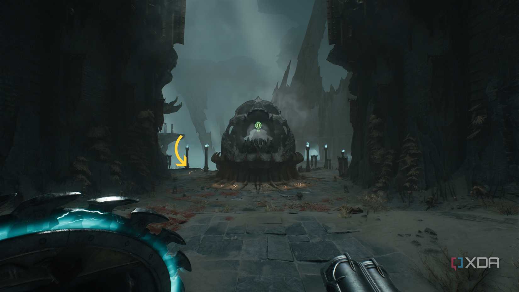A huge skull in the center of an arena in chapter 19 of Doom: The Dark Ages.