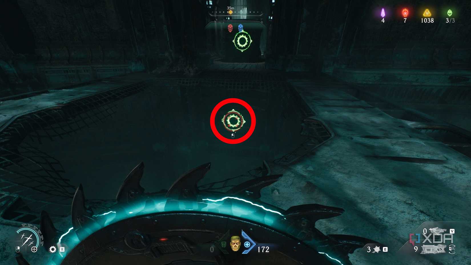 A circle highlighting the lower of two Shield Charge symbols in chapter 19 of Doom: The Dark Ages.